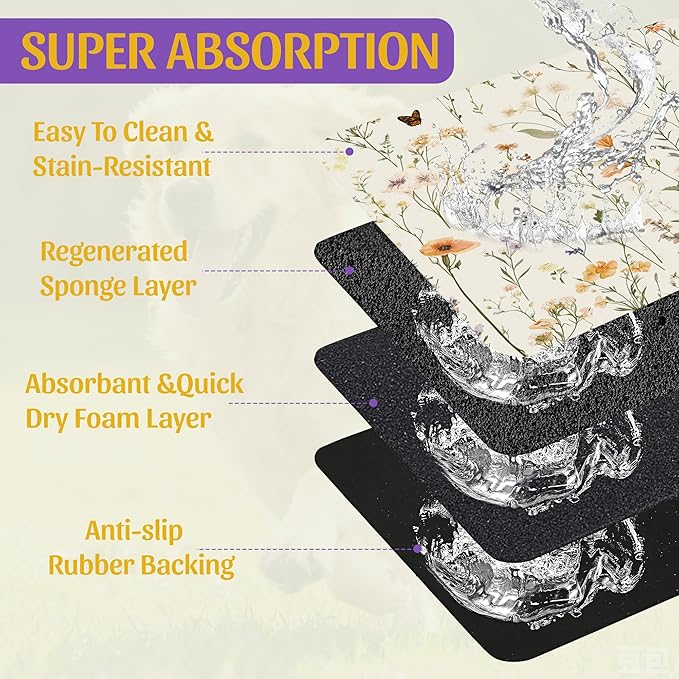 Vintage Wildflowers Herbs Pet Feeding Mat, Absorbent Bowl Pad, Quick Dry, Non-Slip Base, No Stains – 16x24 Inch