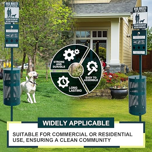 Qinyoung Dog Waste Station Galvanized Steel Outdoor Pet Bin with Poop Bag Dispenser Reflective Sign Rust Proof for Backyard Commercial Park(Green)