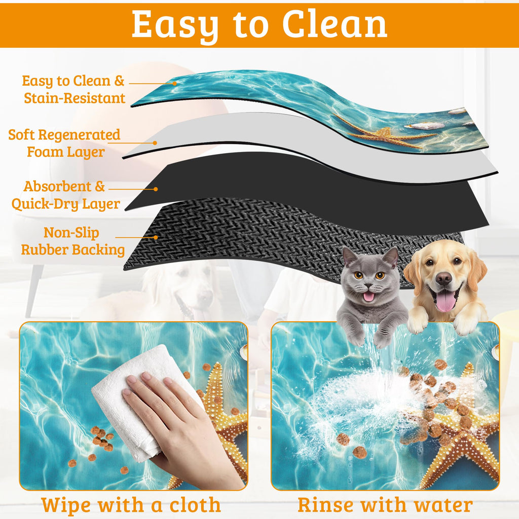 Starfish Shells Dog Cat Food Mat,Sea Beach Absorbent Waterproof Placemat for Food and Water Non Slip Rubber Backing Durable Feeding Pad for Clean Floors 16" x 24"