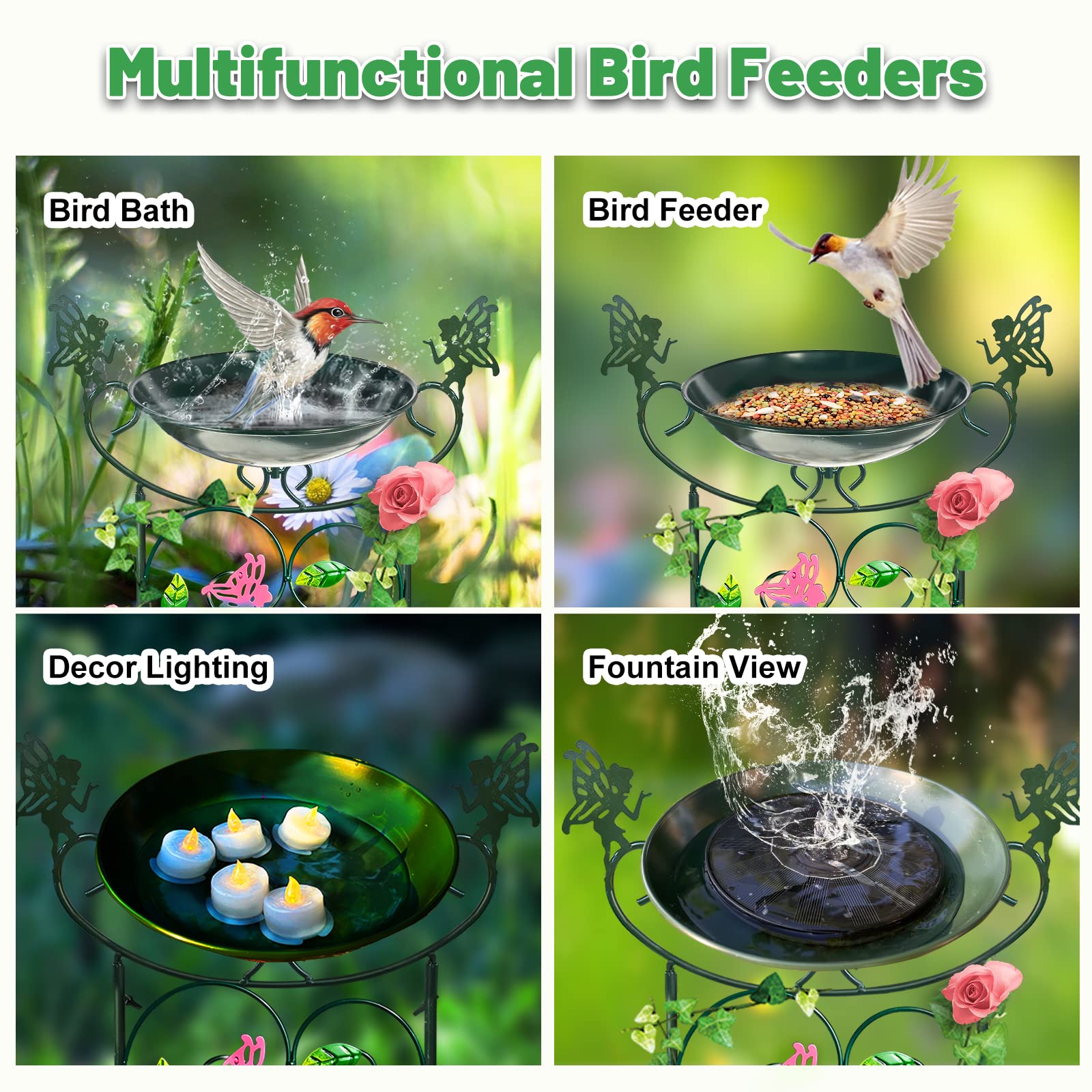HONGLAND 36.5" Metal Bird Bath with Trellis, Outdoor Garden Birdbath with Detachable Bowl & Climbing Plant Support, Decorative Bird Feeder Station with Fairy for Yard, Patio, Fence