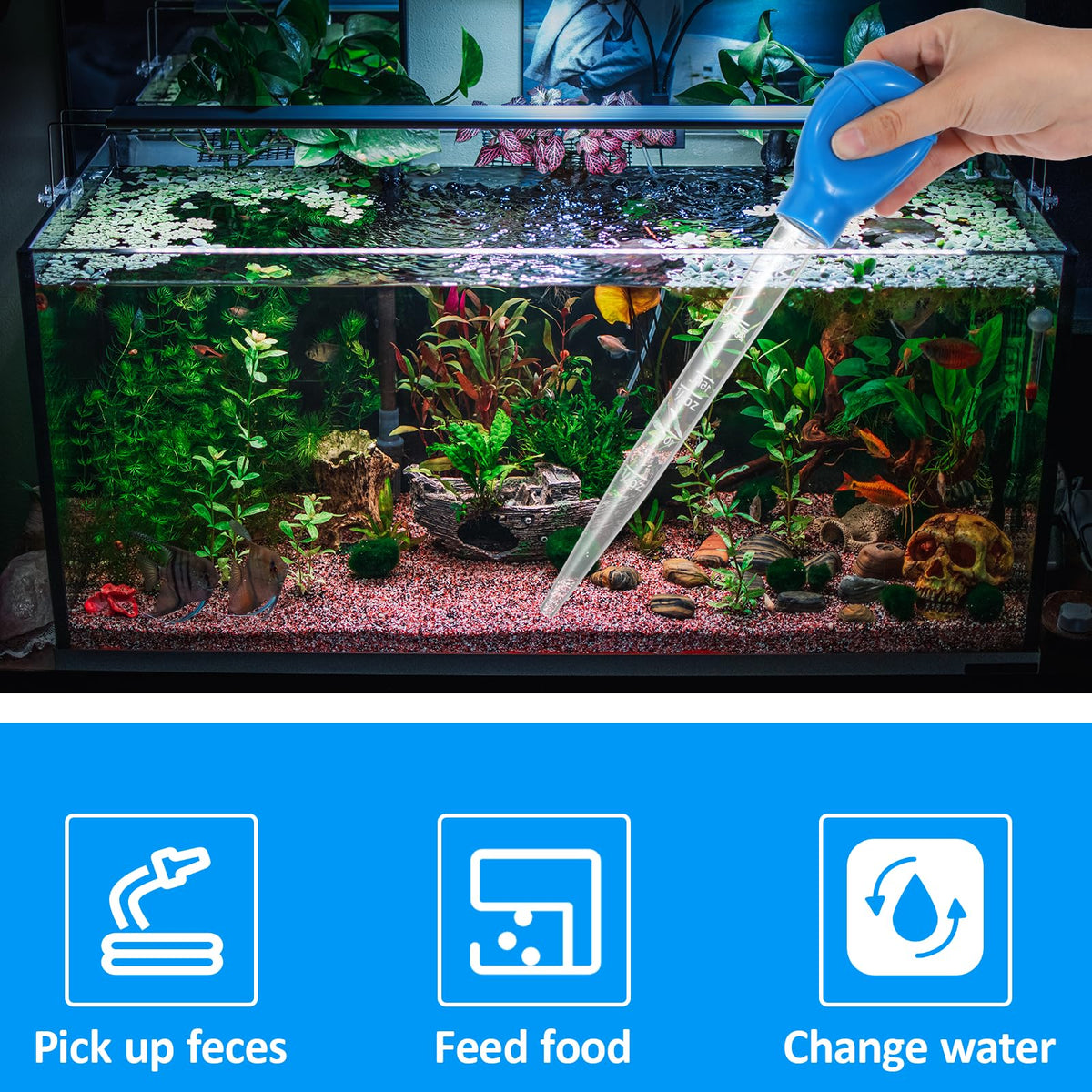Qulkws Aquarium Cleaning Dropper, 30ml Aquarium Clean Pipette Dropper, Manual Fish Tank Water Changer, Gravel Cleaning Straw, Fish Tank Cleaning-Tool, Feeder Pipette (Blue)