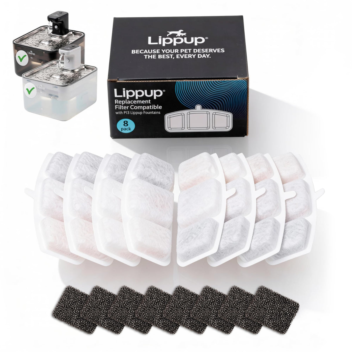 LIPPUP Replacement Filters for Cat Water Fountain – 8 Filters + 8 Sponges – 5-Stage Filtration System for Clean, Fresh Water – Fits LIPPUP P13 Fountain