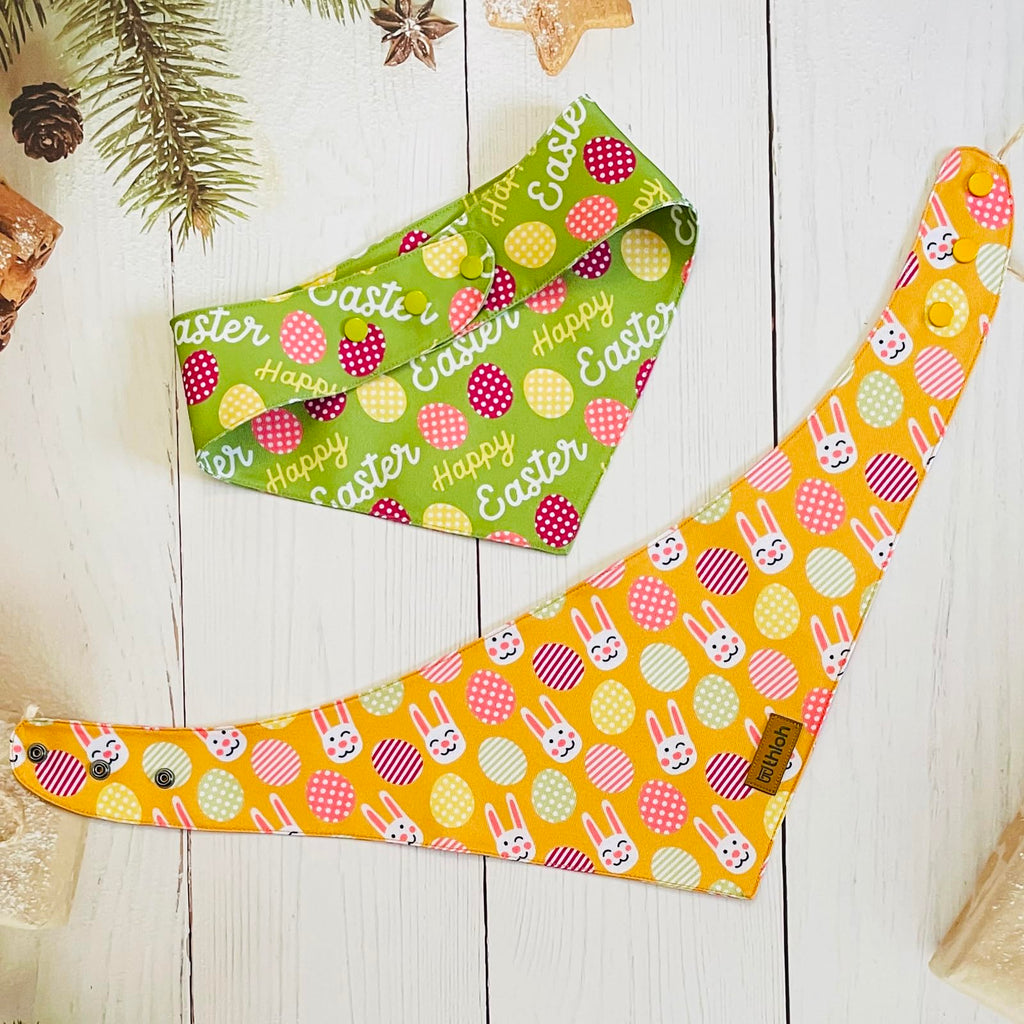 THLOH Easter Dog Bandanas with Snap Button, 2 Pack Reversible Spring Bandana for Boy & Girl, Premium Durable Fabric, Bunny and Egg Dog Scarf for Small Dogs (Small)