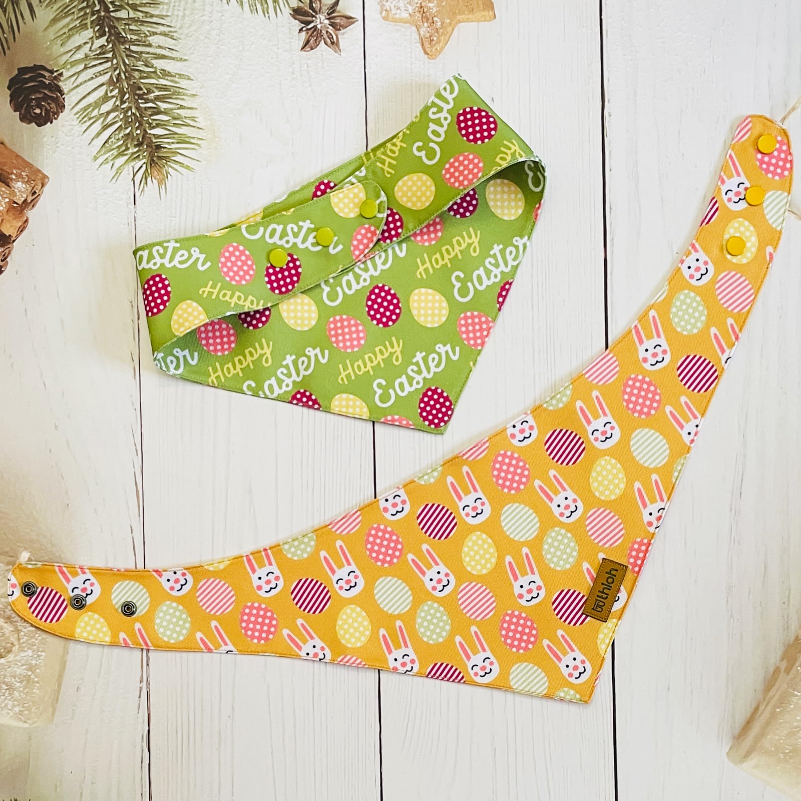 THLOH Easter Dog Bandanas with Snap Button, 2 Pack Reversible Spring Bandana for Boy & Girl, Premium Durable Fabric, Bunny and Egg Dog Scarf for Small Dogs (Small)