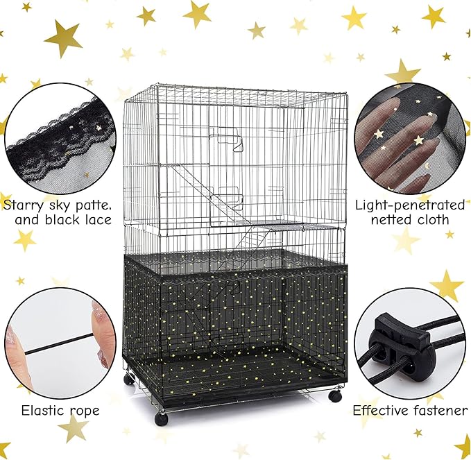 Shappy Large Bird Cage Birdcage Nylon Mesh Net Cover Seed Feather Catcher Universal Birdcage Cover Bird Seed Guard Skirt for Parakeet Macaw African Square Cage (Black Star Style, XL)