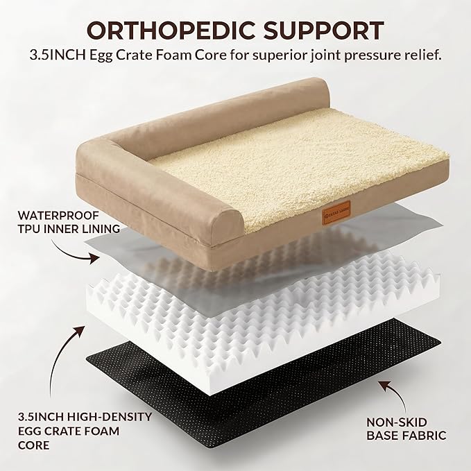 Patas Lague Orthopedic Dog Bed Large Sized Dog 36''X24'', Waterproof L Bolster Medium Pet Sofa Beds with Removable Washable Cover, Soft Comfortable Pet Couch Crate Mat with Nonskid Bottom, Cream