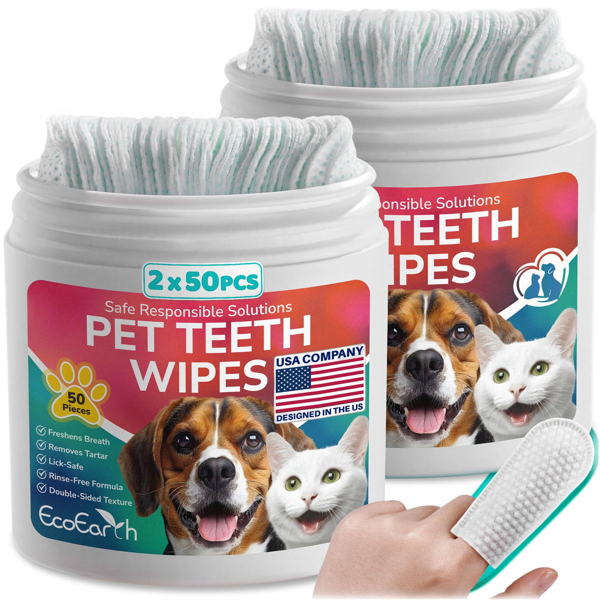 Premium Teeth Cleaning Wipes, Dogs, Cats, 50 pc, Pet Dental Care Finger Pad