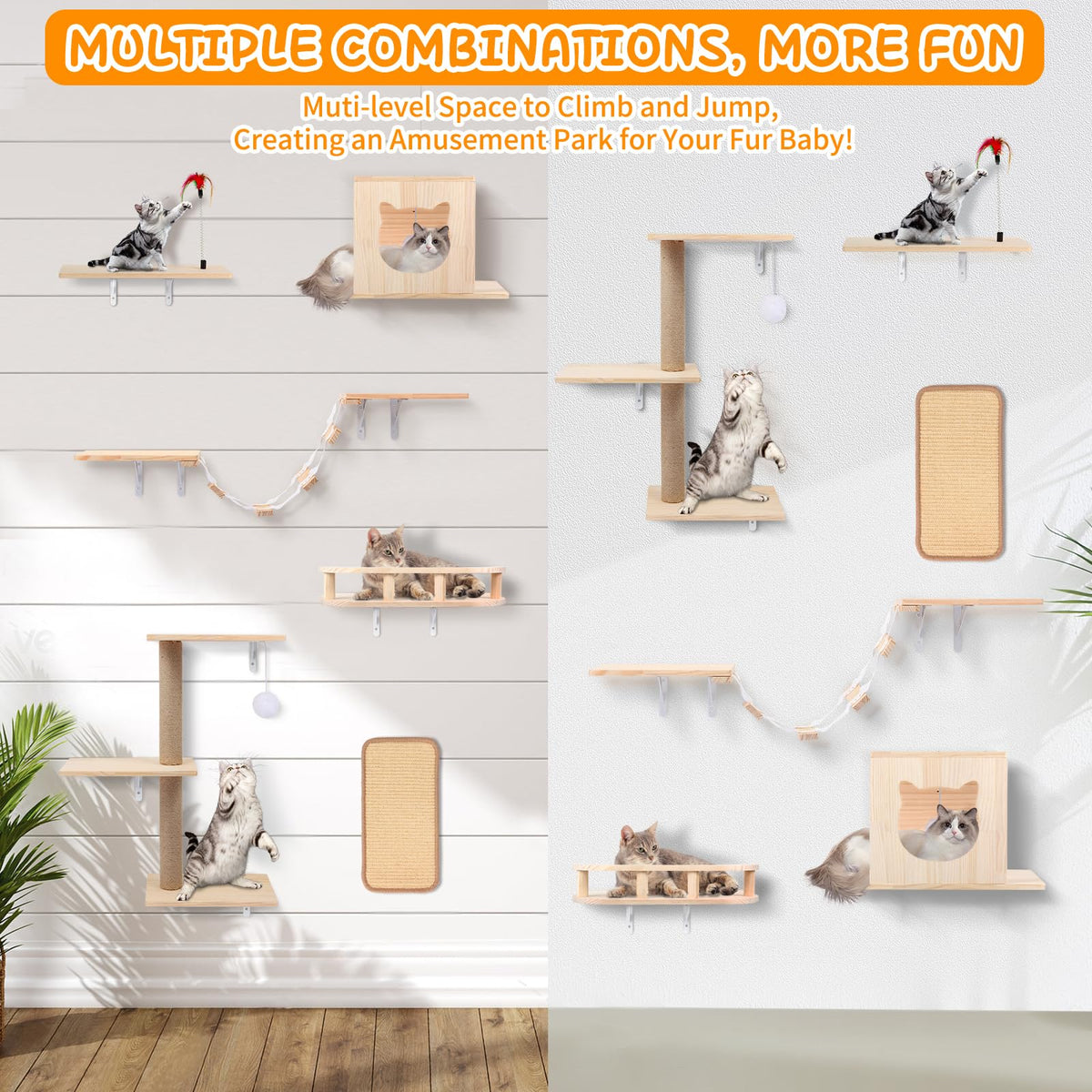 Coolsheepsia Cat Wall Shelves, Solid Wooden Wall-Mounted Cat Furniture