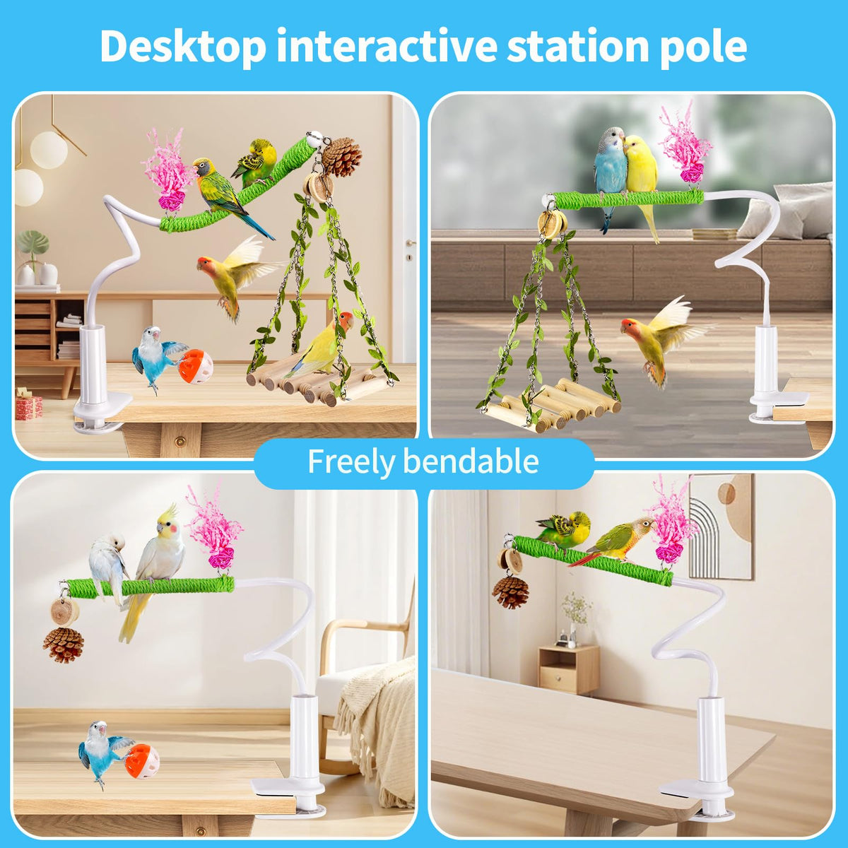 ZooVibe Bird Perch with Swing, Movable Desktop Stand with Clamp