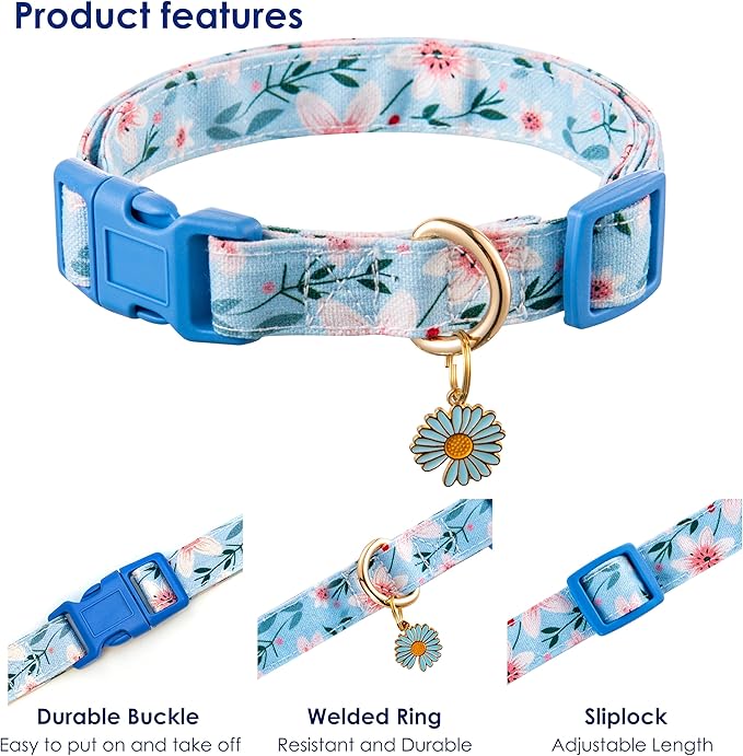 Raisingwell Cotton Dog Collar Blue Flower Pattern for Boys and Girls Cute Dog Collars Summer Fall Gift Adjustable for Medium to X-Large Breed Dogs (L)