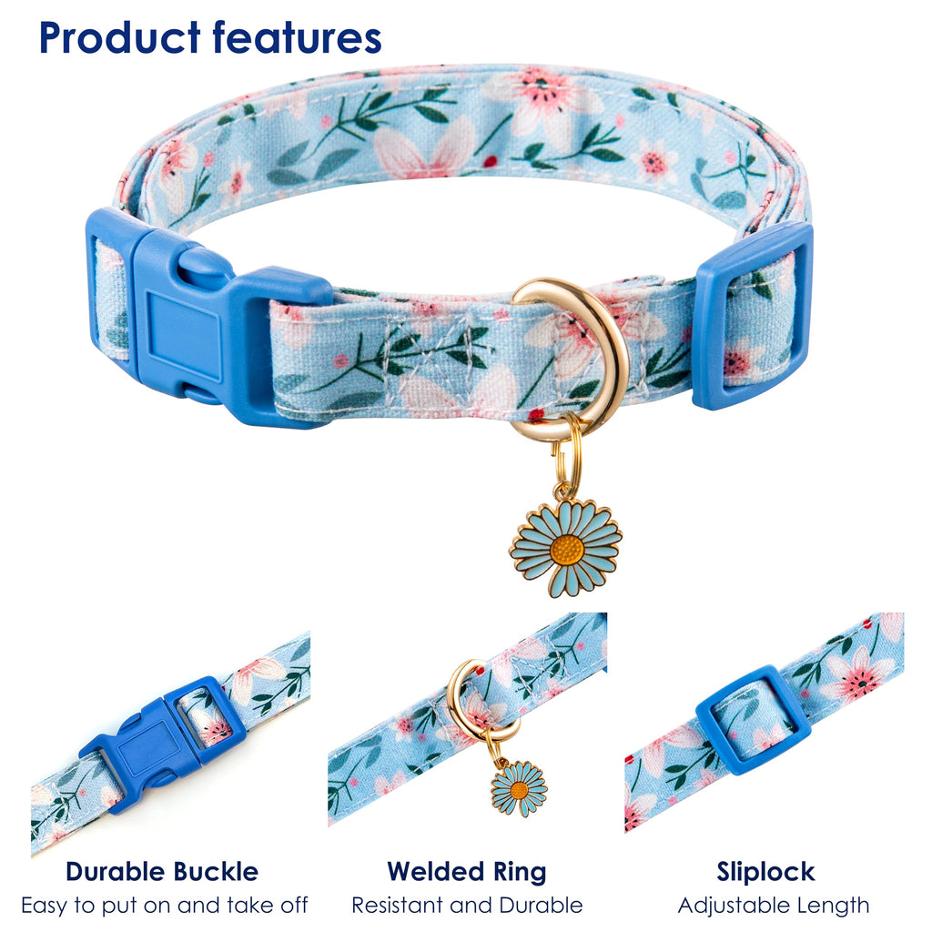 Raisingwell Cotton Dog Collar Blue Flower Pattern for Boys and Girls Cute Dog Collars Summer Fall Gift Adjustable for Medium to X-Large Breed Dogs (L)