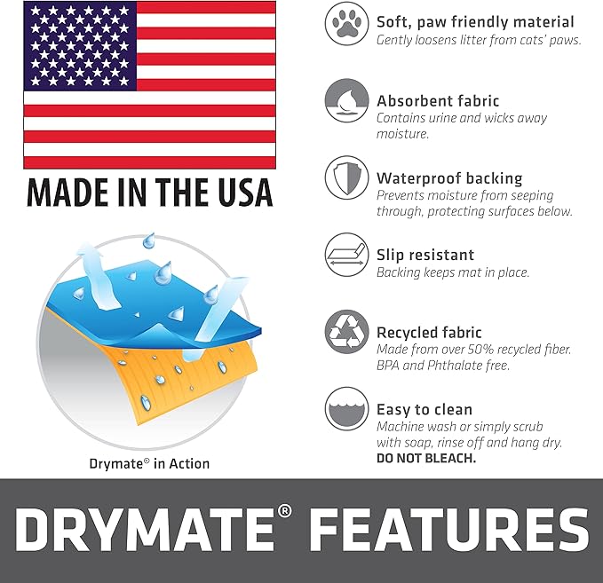 Drymate Cat Litter Box Mat, Litter Trapping Mat, Waterproof, Urine-Proof, Absorbent, Machine Washable, Soft on Paws, Contains Mess, Protects Floors, Kitten Supplies, Light Grey, 29x36 XL