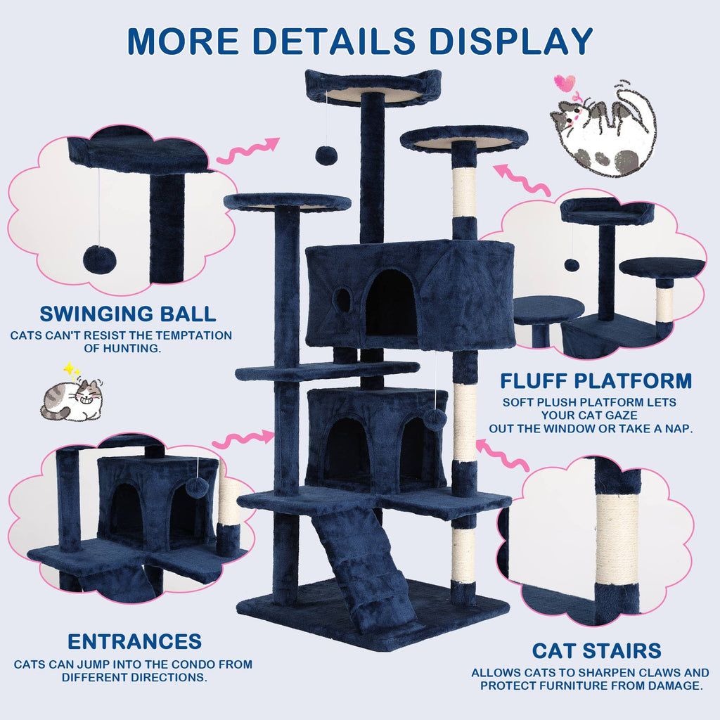 Heavy Duty Cat Tree Tower, 54" Tall Cat Tower for Indoor Cats with Cat Scratching Post with Bed, Cat Condo, Hanging Ball, Multi-Level Cat Climbing Tower Cat Trees Furniture Activity Center, Navy Blue