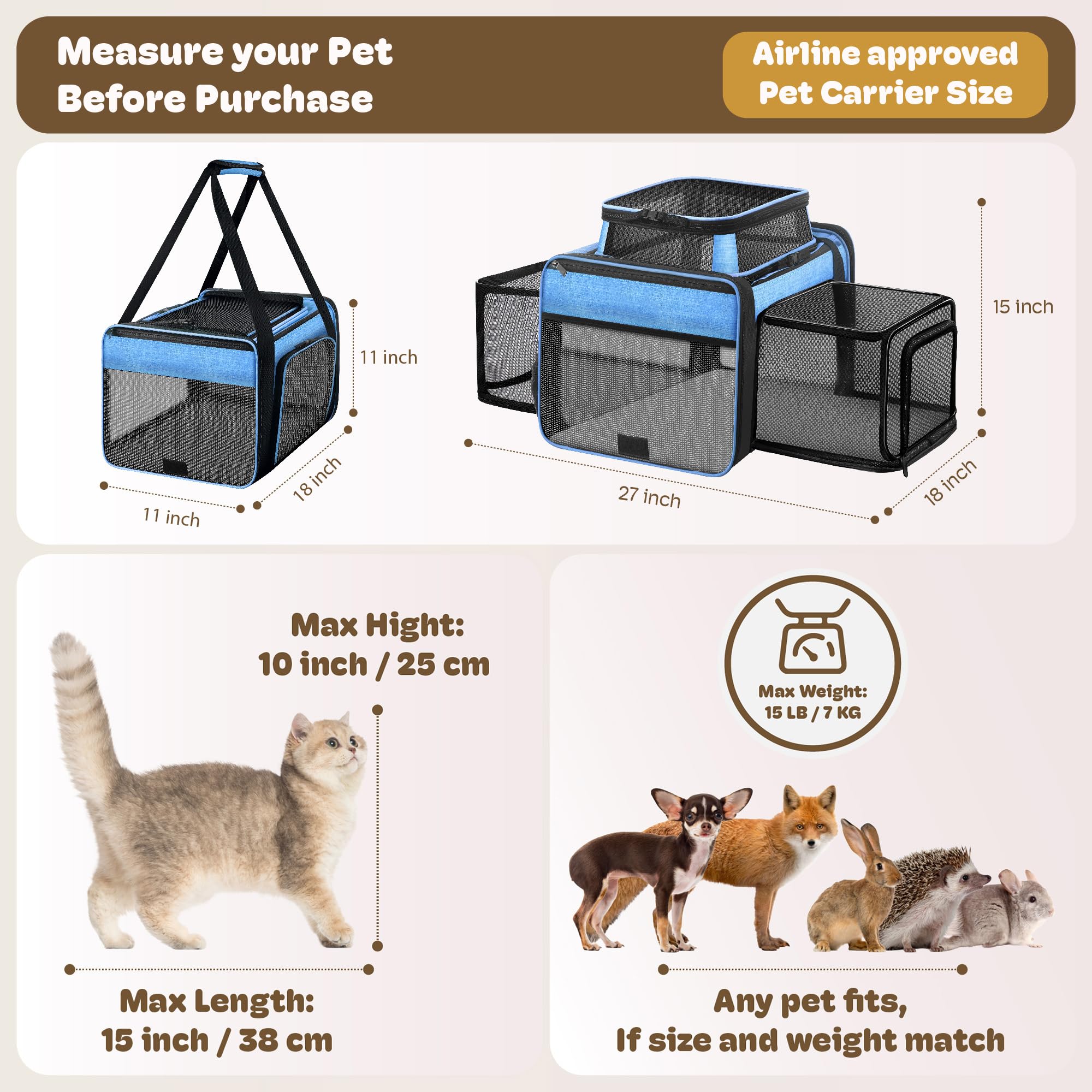 Top and 2 Sides Expandable Cat Carrier 18x11x11 TSA Airline Approved