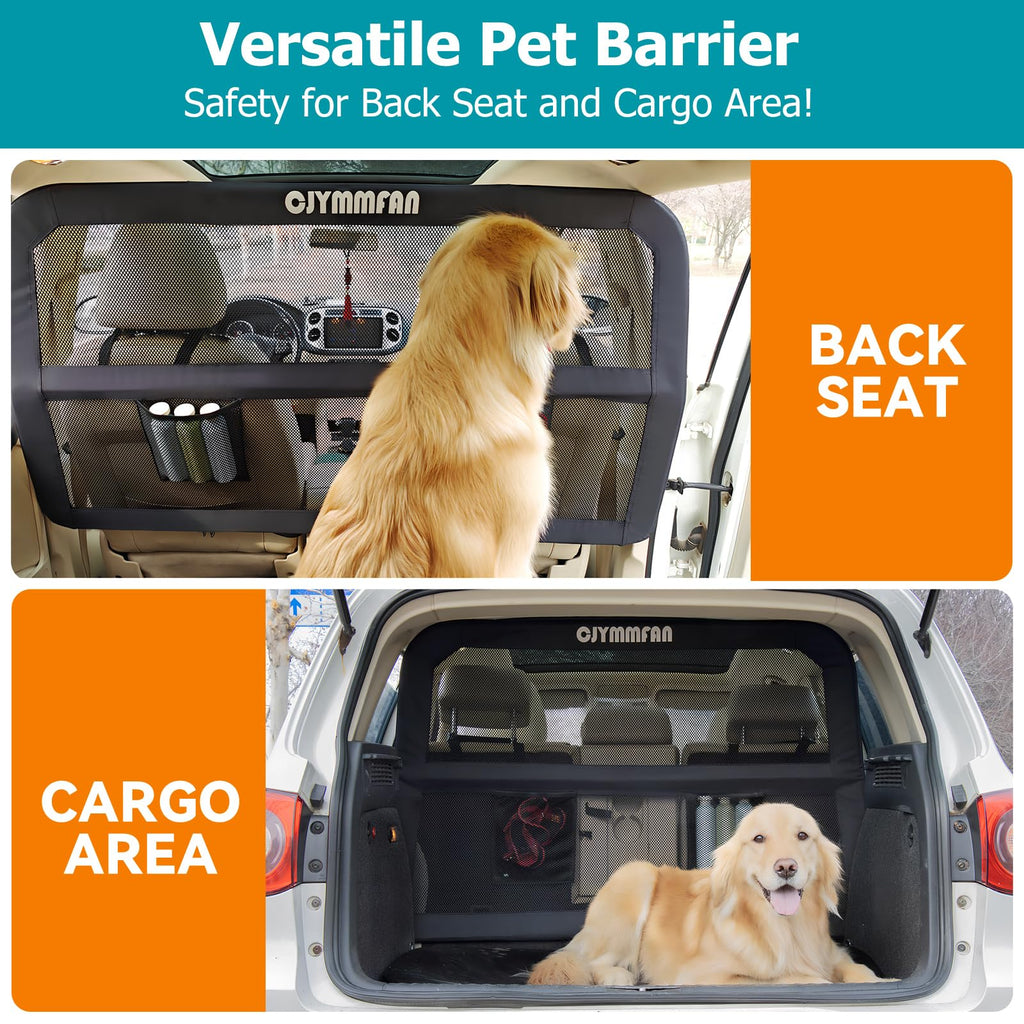 Dog Barrier for Car Back Seat & Cargo Area with Wider Coverage, Universal Fit for Cars, SUVs & Sedans, Dog Car Gate Divider with Chew-Proof Transparent Net and Sturdy Metal Frame for Backseat & Trunk