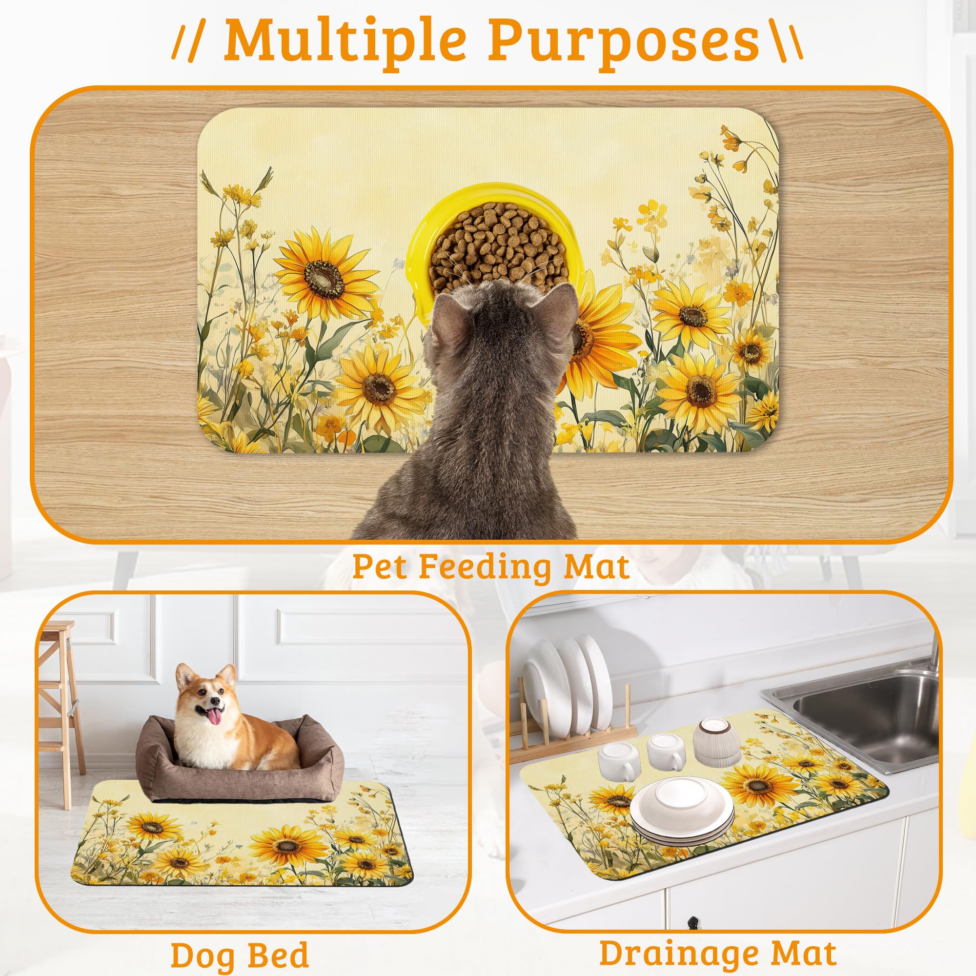 Yellow Floral Feeding Mat,Sunflower Absorbent Quick-Dry Cat Dog Food and Water Bowl Mats,Non-Slip Rubber Backing Mat,Cat Dog Accessories Supplies 16" x 24"