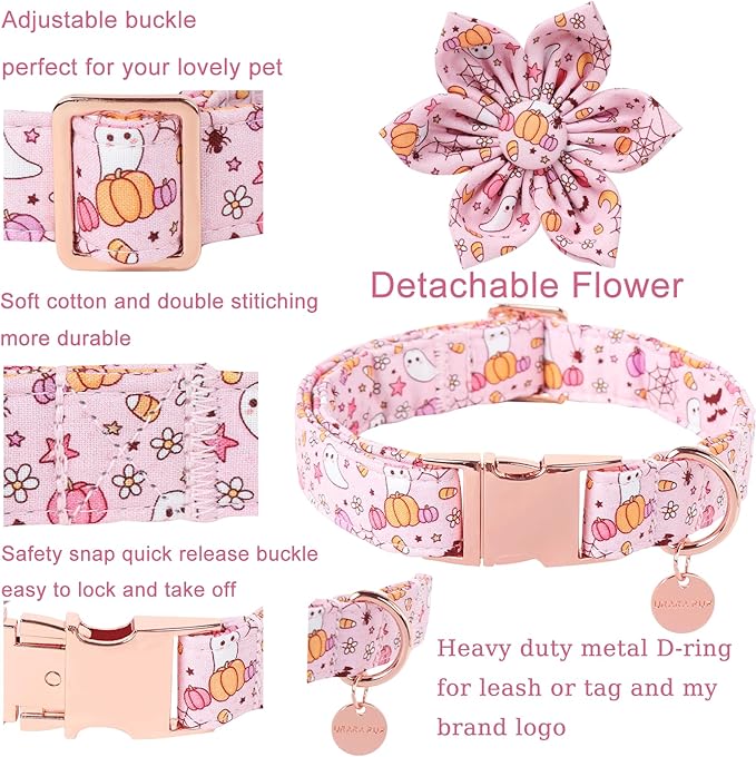 UP URARA PUP Halloween Dog Collar With Flower, Pink Puppy Collar With Adjustable Metal Buckle, Fancy Bowtie Gift for Girl Boy Dog, L