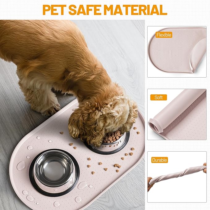 Hubulk 100% Waterproof Silicone Pet Feeding Mat with Raised Edge for Food and Water, Dog Bowl Mats, Cat Bowls Placemat with High Lip Protects Floor for Cats and Dogs (White Sand, 24" L x 16" W)