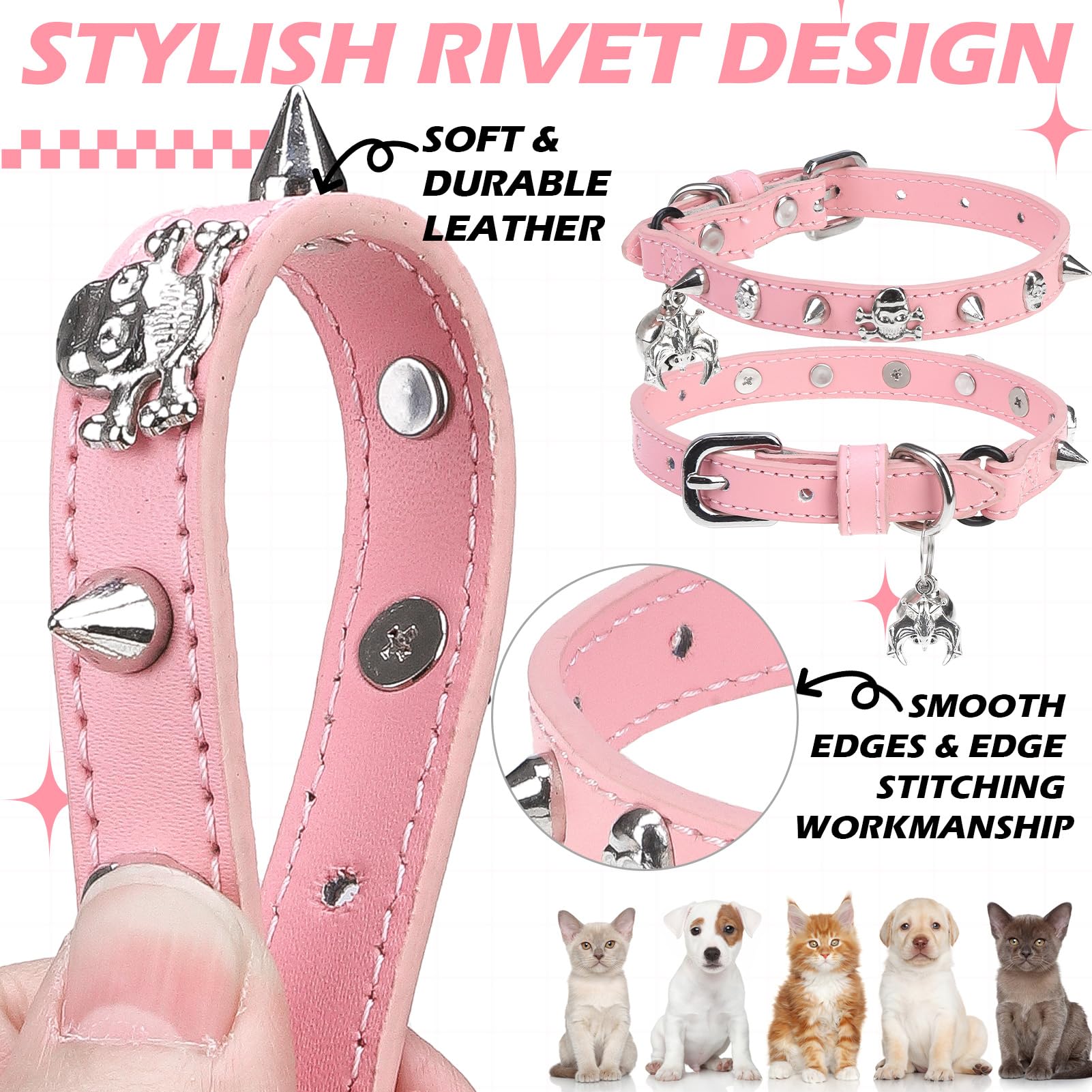 EXPAWLORER Leather Cat Collar for Girl Boy Cats,Pink(Rivet & Skull)