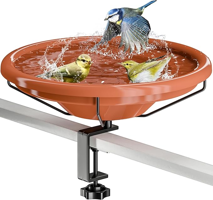 iBorn Bird Bath,Deck Mounted Bird Baths 12inch,Birdbath for Outside with Clamp 3.2inch,BPA-Free Bowl,Chew-Proof,Fully Detachable Design,Easy Clean & Refill