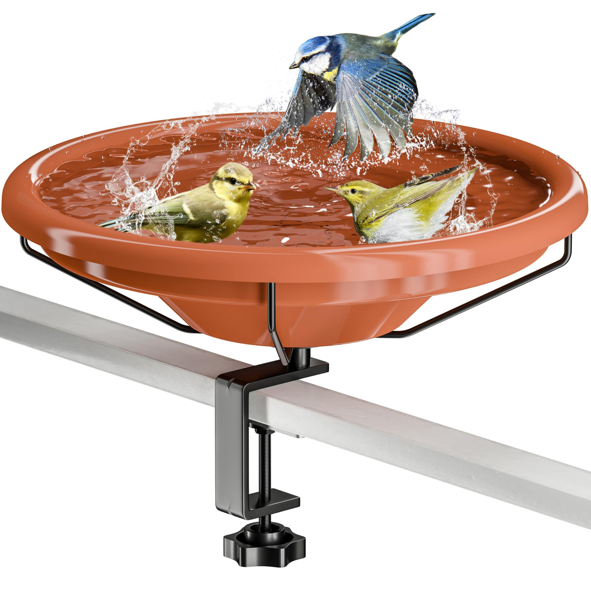 iBorn Bird Bath,Deck Mounted Bird Baths 12inch,Birdbath for Outside with Clamp 3.2inch,BPA-Free Bowl,Chew-Proof,Fully Detachable Design,Easy Clean & Refill,Terracotta,1 Pack（Not Include Fountain）