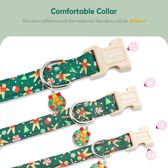 Faygarsle Christmas Dog Collar, Green Gingerbread Pattern, Holiday Pet Accessory, for Small Medium Large Dogs, M