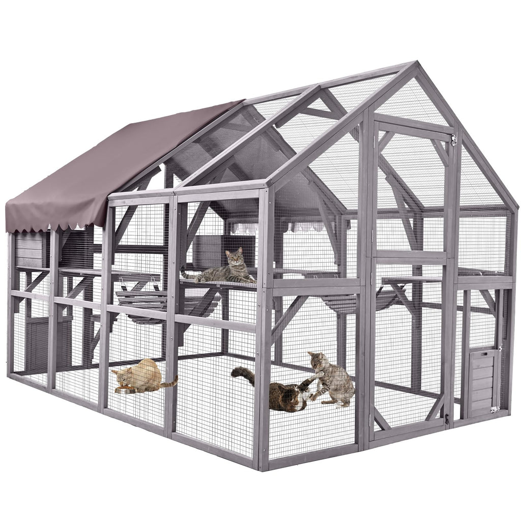 Aivituvin Extra Large Catio Outdoor Cat Enclosure Window Design for 10-20 Cats, 70"H Walk-In Patio Cat House with 4 Access Doors, Waterproof Roof, Spacious Kitty Cage for Multiple Indoor Outdoor Cats