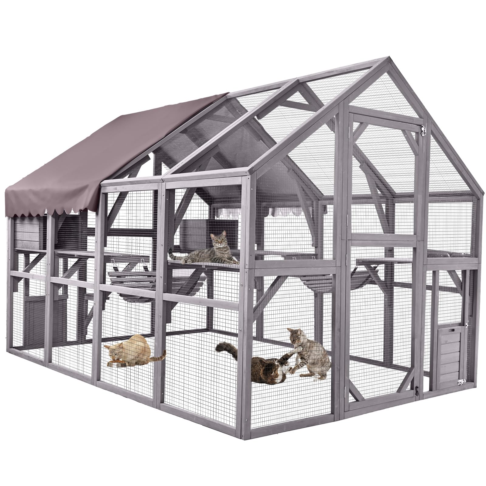 Aivituvin Extra Large Catio Outdoor Cat Enclosure Window Design for 10-20 Cats, 70"H Walk-In Patio Cat House with 4 Access Doors, Waterproof Roof, Spacious Kitty Cage for Multiple Indoor Outdoor Cats