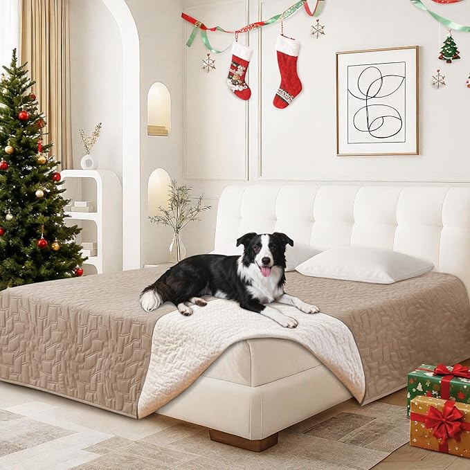 Waterproof Dog Bed Cover Pet Blanket, Soft Couch Cover for Dogs Washable, Non-Slip Dog Blanket Protect Furniture Couch Sofa Car for Puppy Large Dogs Cat (82x102 Inch, Khaki)