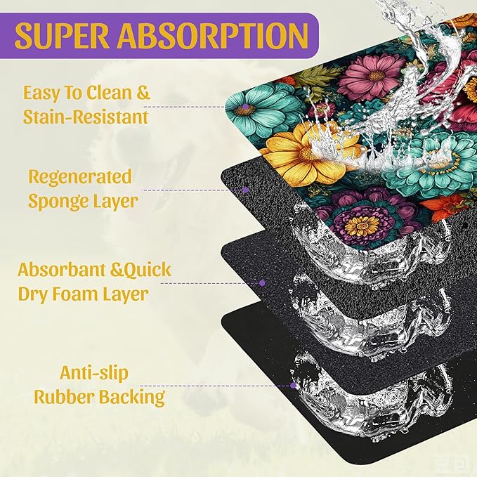 Vintage Floral Pet Feeding Mat, Fast-Dry Absorbent Dog and Cat Bowl Mat, Waterproof Rubber Base – 16x24 Inch