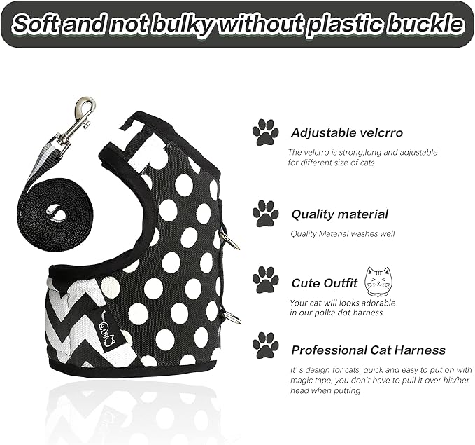 Cat Harness and Leash for Walking Escape Proof, Adjustable Cat Vest Harness, Padded Stylish Cat Walking Jackets, Polka Dot Black, Extra Large