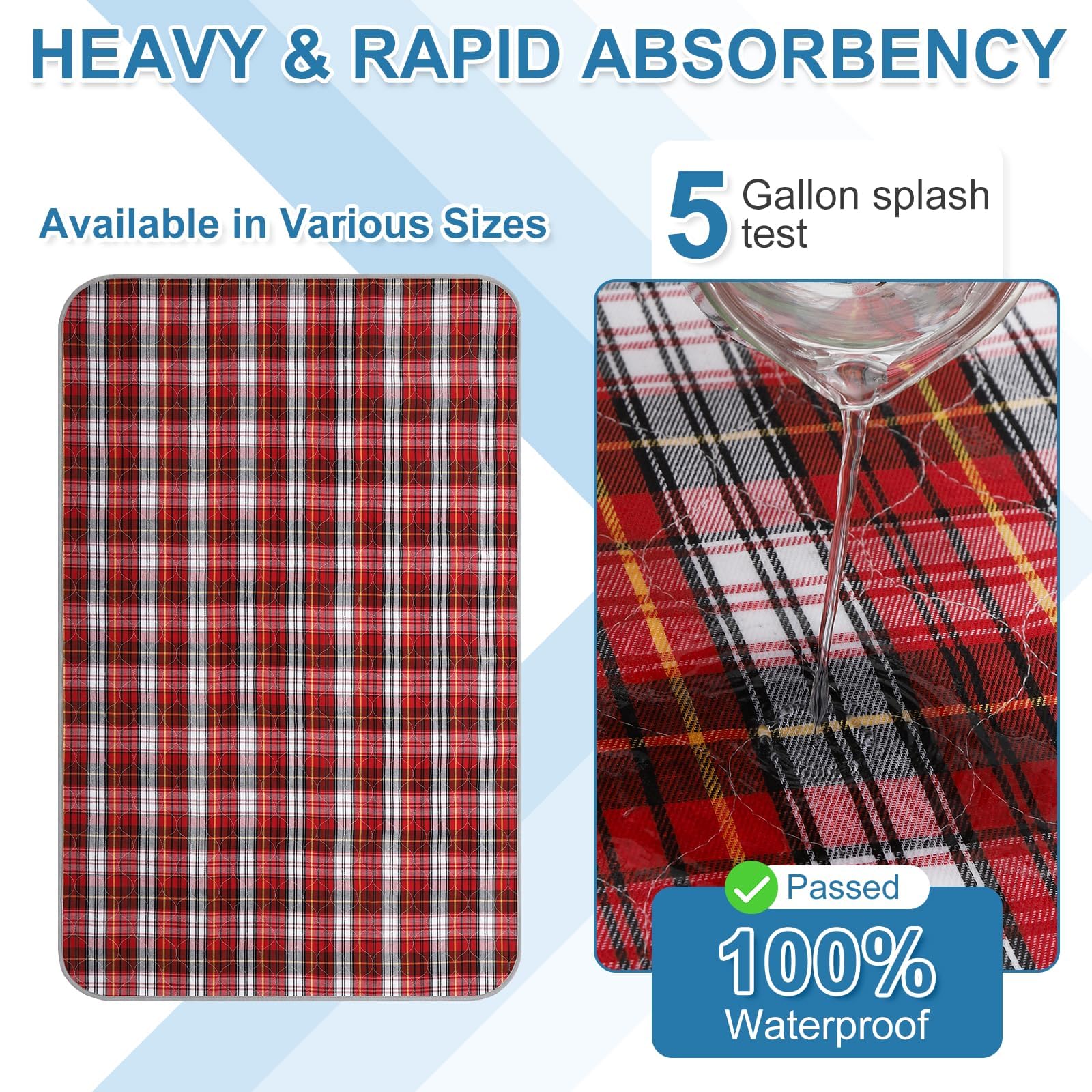 OUTCREATOR® Washable Bed Pads 34" x 54" (Pack of 2) for Incontinence Mattress Protector, Reusable Underpads for Elderly, Adults, Kids, Pets with Anti-Slip Bottom (Red Plaid)
