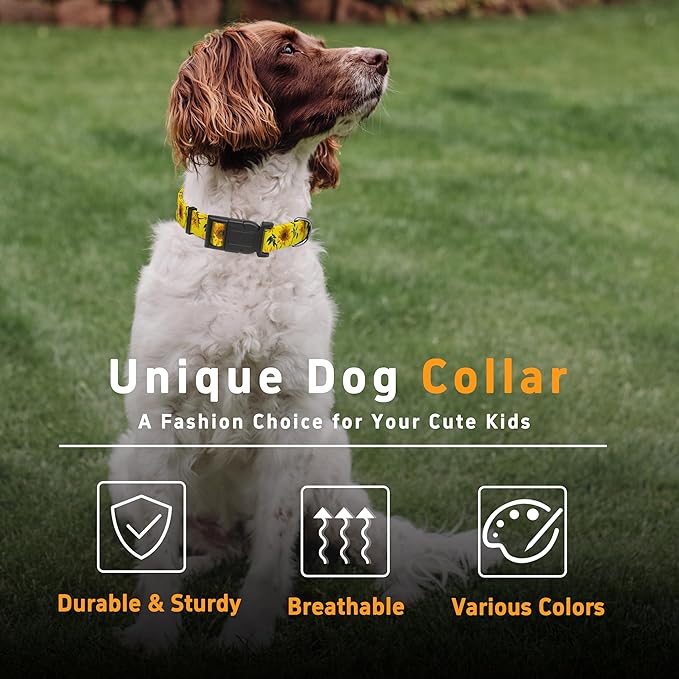 Seyezo Dog Collar, Floral Boys Girls Puppy Collar, Adjustable Soft Pet Collar with Safety Buckle for Small Medium Large Dogs (Yellow Sunflower, XS)