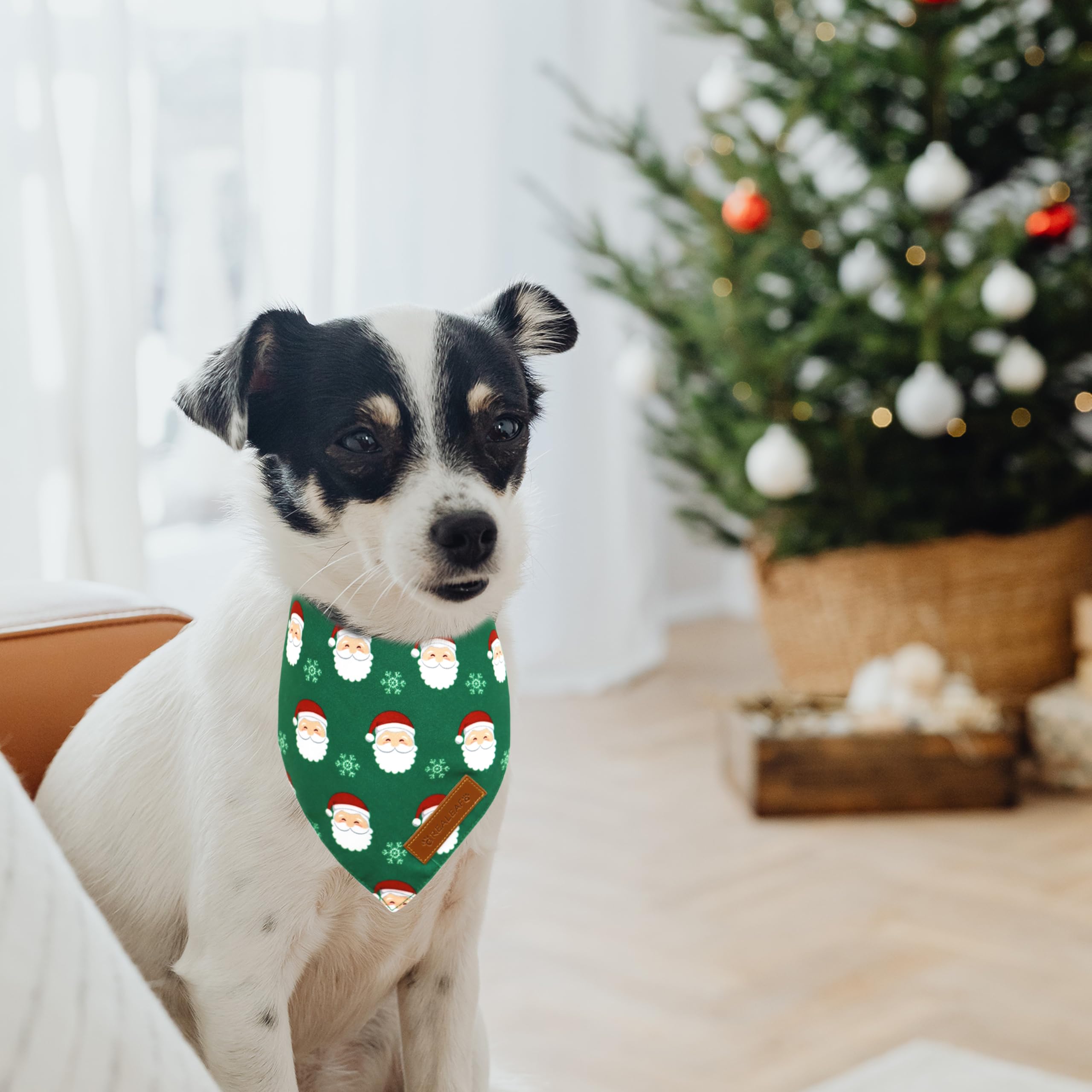 Realeaf Christmas Dog Bandanas 2 Pack, Snowflake and Santa Claus Dog Scarf for Boy and Girl, Premium Durable Fabric, Holiday Red and Green Bandana for Medium and Large Dogs Cats Pets (Large)