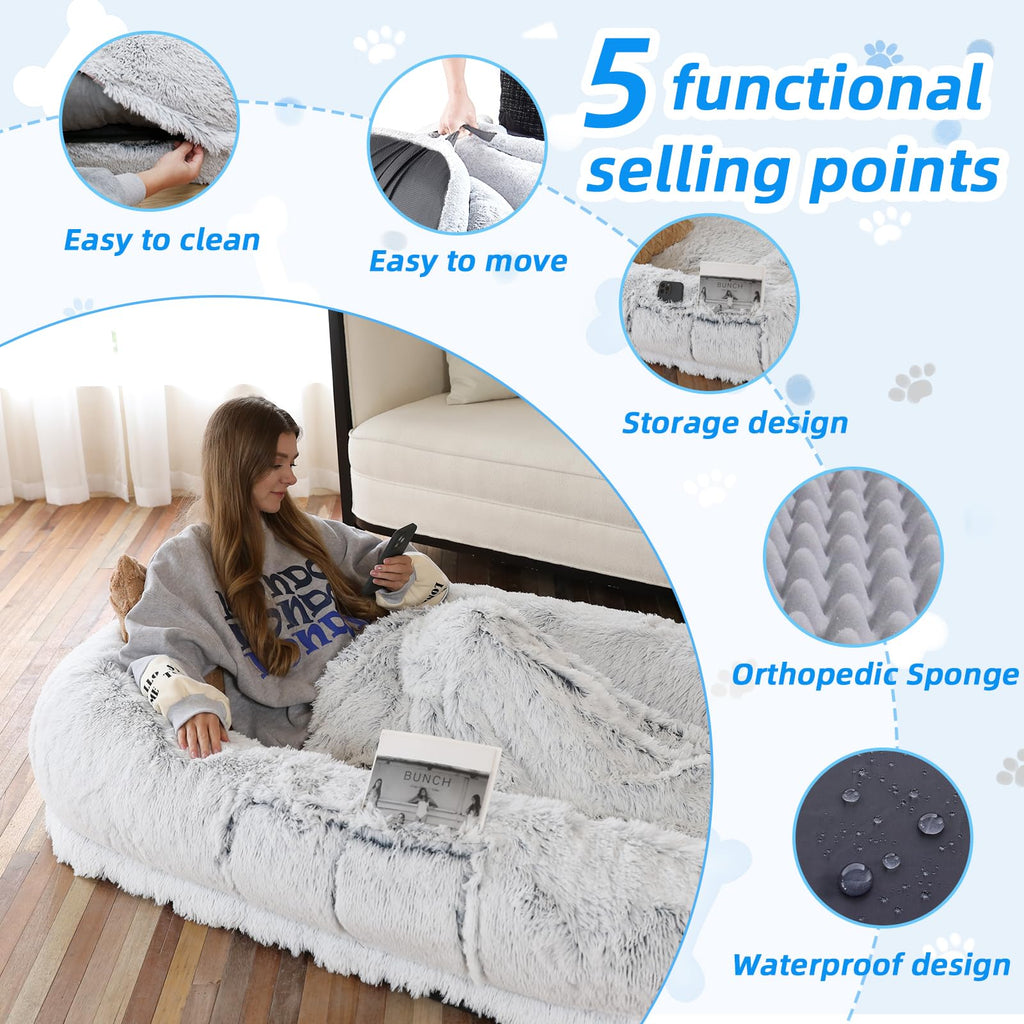 WROS Human Dog Bed - 71"x45"x12" Fits You & Pets, Washable Faux Fur, Orthopedic, Plump Pillow, Blanket, Strap - Grey