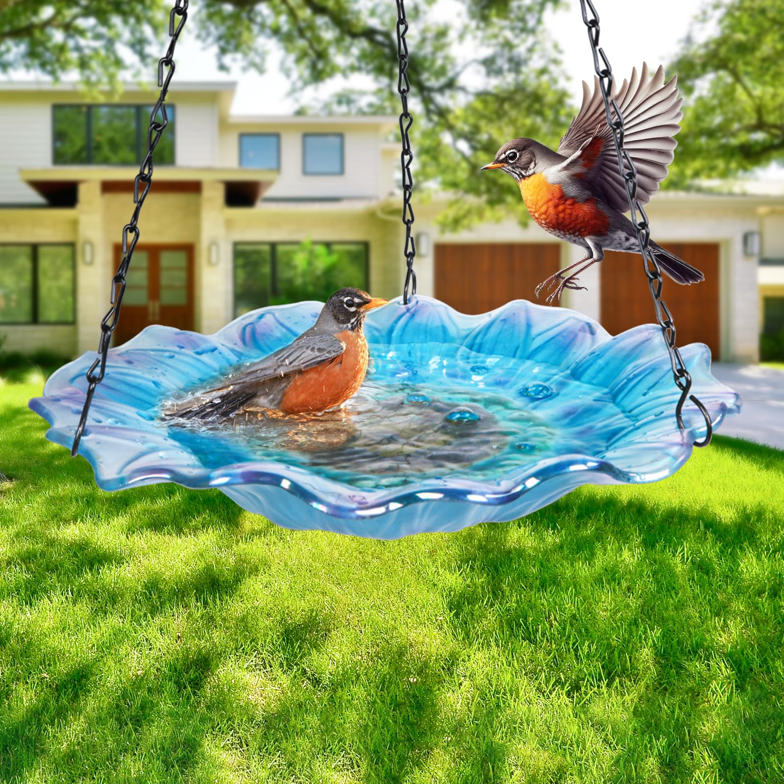 VCUTEKA Hanging Bird Bath Outdoor Glass Birdbaths Feeder for Garden Decor