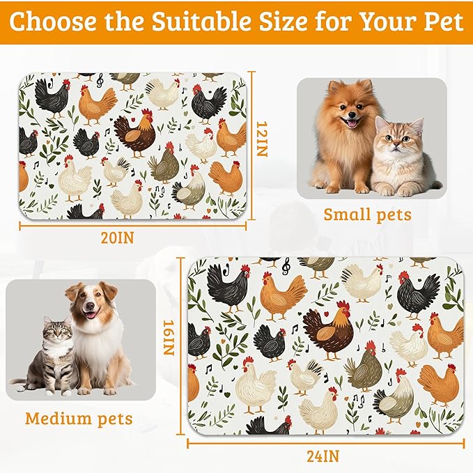 Dog Bowl Mat,Chickens Roosters Pet Feeding Mat for Floors Waterproof,Plants Leaf Absorbent Dogs Placemat for Food and Water Quick Dry Pet Cat Feeding Mats with Non Slip Bottom 12" x 20"