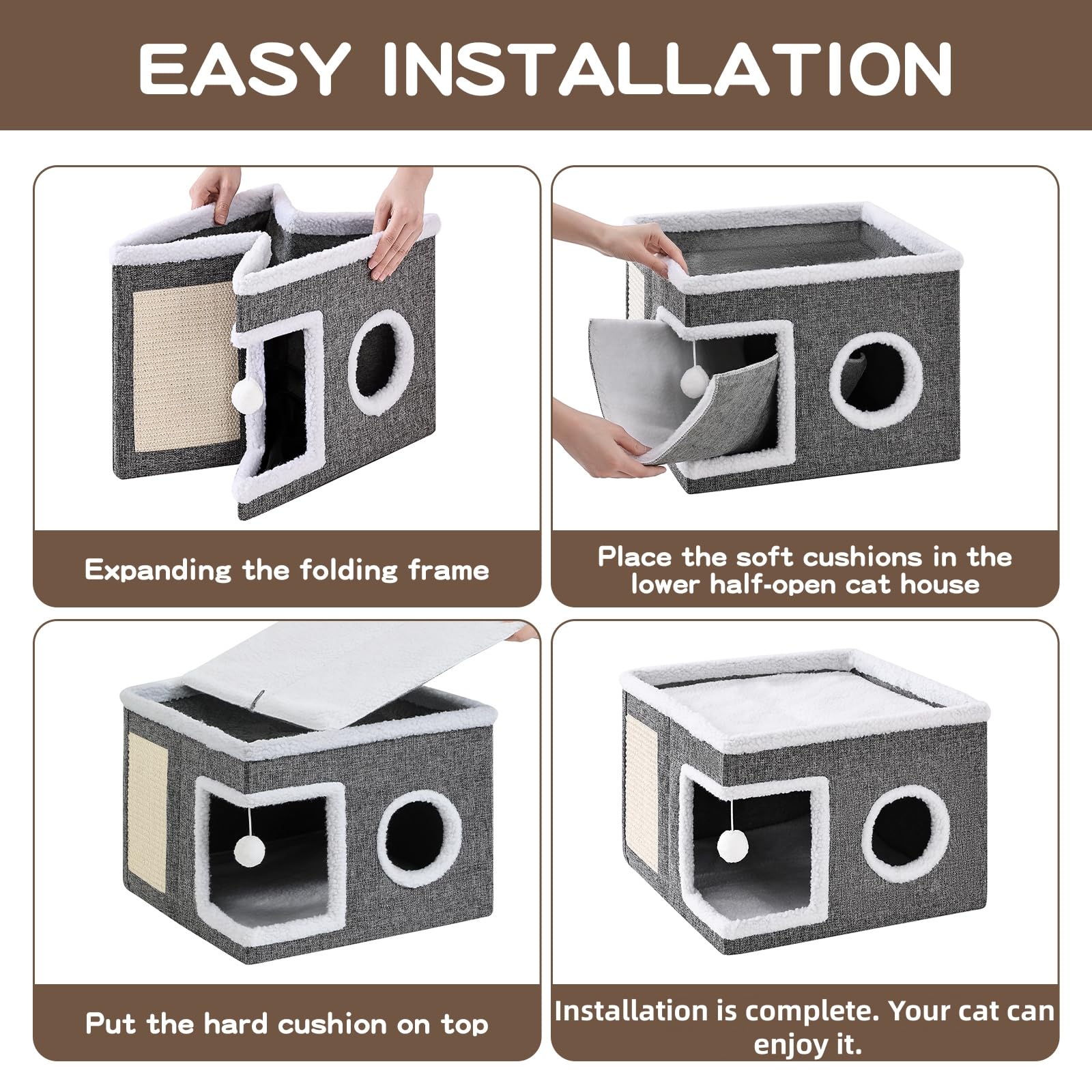 Crispedia Large Cat Houses for Indoor Cats with Fluffy Ball and Scratch Pad