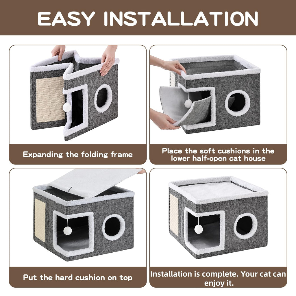 Crispedia Large Cat Houses for Indoor Cats with Fluffy Ball and Scratch Pad