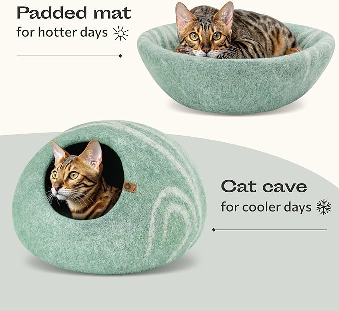 MEOWFIA Cat Cave - Merino Wool Bed for Indoor Cats (Pistachio, Large)