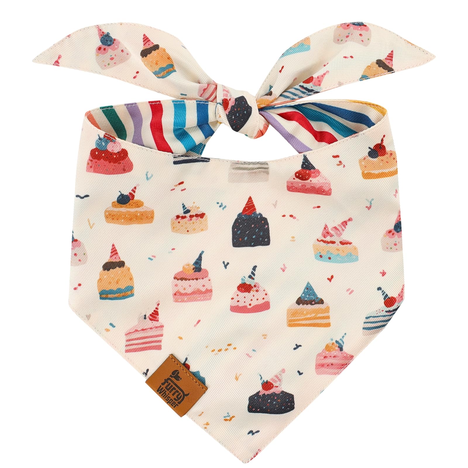 Furry Whisper Dog Birthday Bandana, Reversible Soft Breathable Adjustable Pet Scarf for Medium & Large Dogs, Party Photo Outfit for Boy or Girl, Colorful Cakes Stripes, M Fits Up to 18"