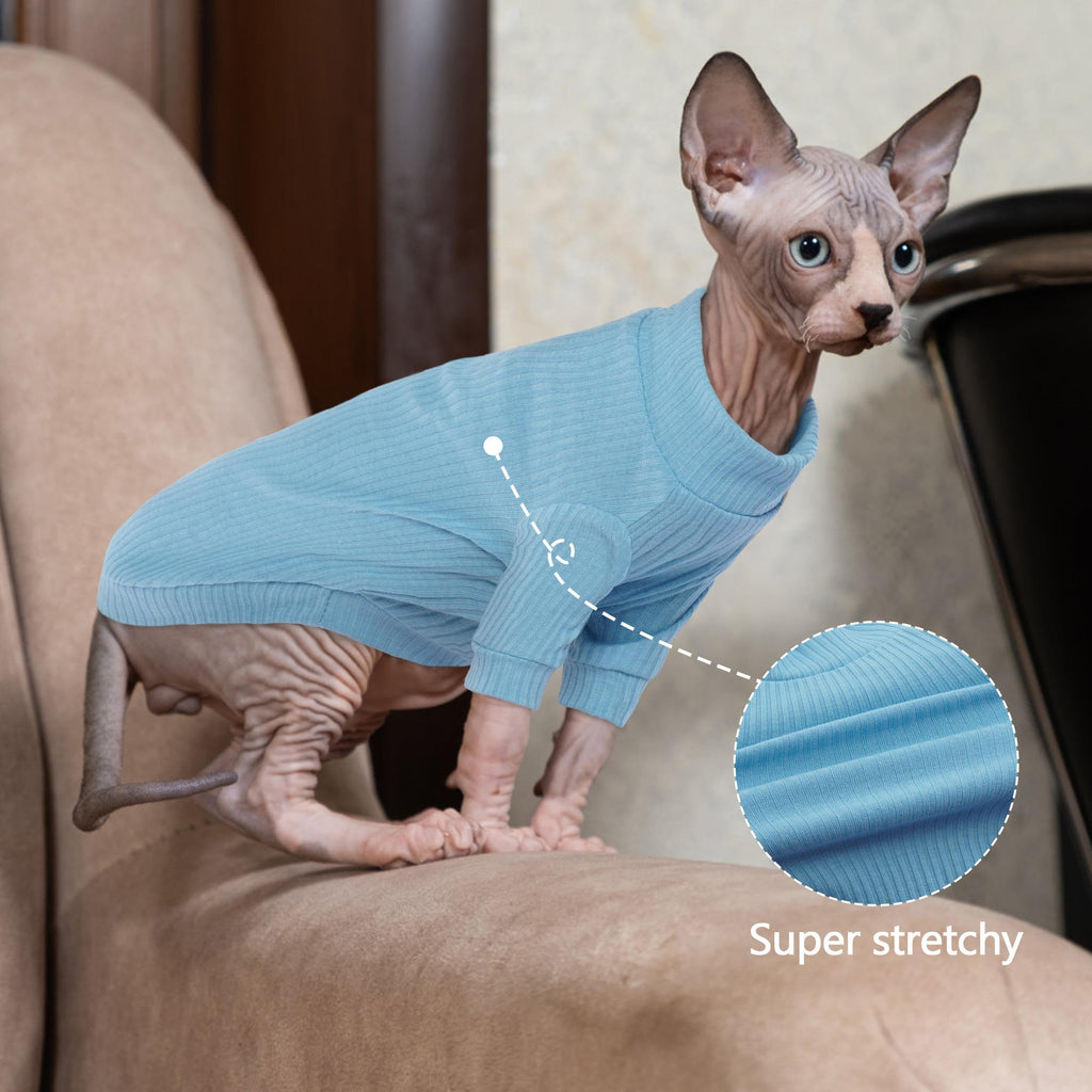 PUMYPOREITY Cat Clothes: Stretchy Shirt, Sweater with Sleeves, Soft Pullover Pajama for Sphynx, Devon Rex Cats - Blue, XS