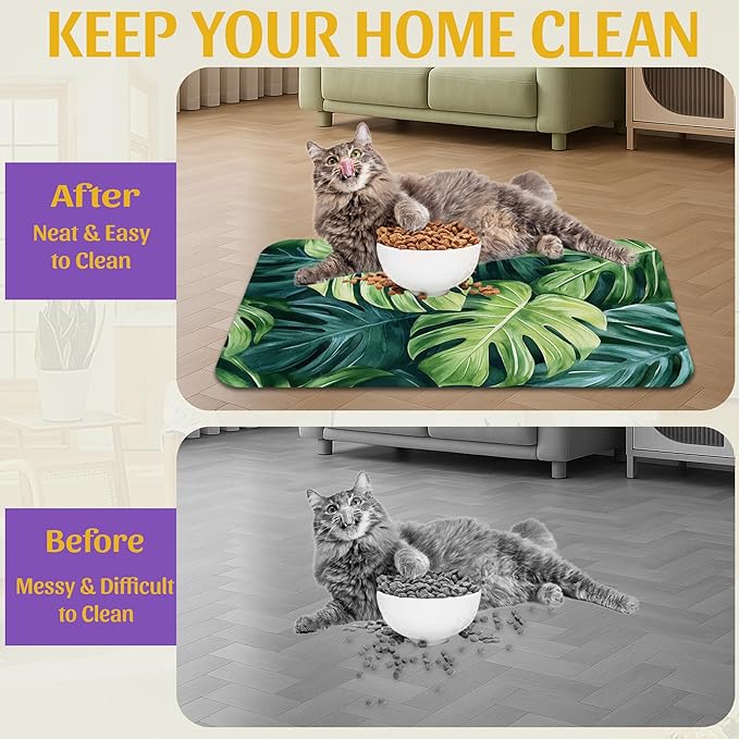 Tropical Palm Leaves Pet Feeding Mat, Absorbent Quick-Dry Dog Cat Bowl Mat, Non-Slip Bottom, Indoor Use – 16x24 Inch