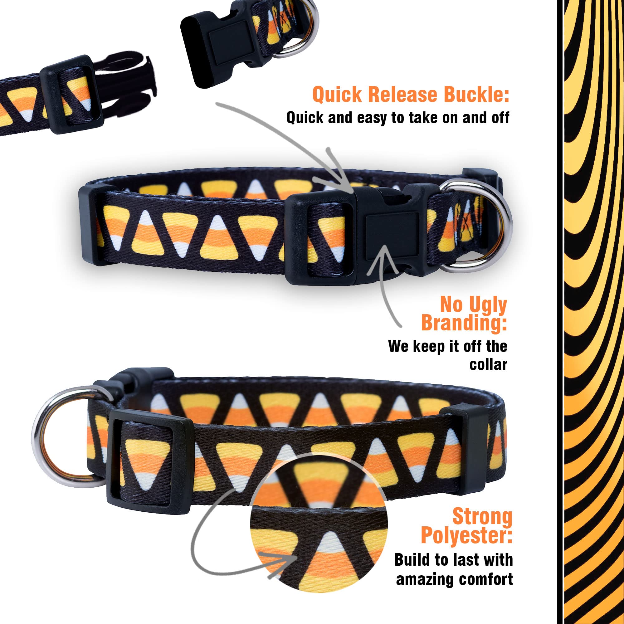 Native Pup Halloween Dog Collar- Spooky Fall Themed Horror Costume Collars- Skull, Pumpkin, Ghost, Bat, Witch, Candy Corn, Spider- Adjustable for Small, Medium, Large Breeds (Large, Candy Corn)