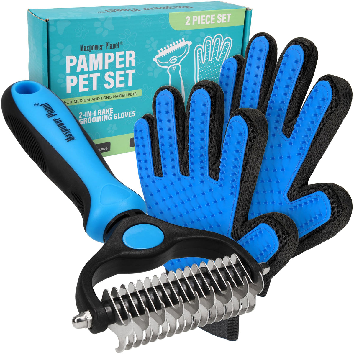 Maxpower Planet Pet Grooming Brush - Double Sided Dematting Undercoat Rake for Dogs and Cats, Extra Wide Pet Brush to Reduce Shedding by 95% (Blue, S)