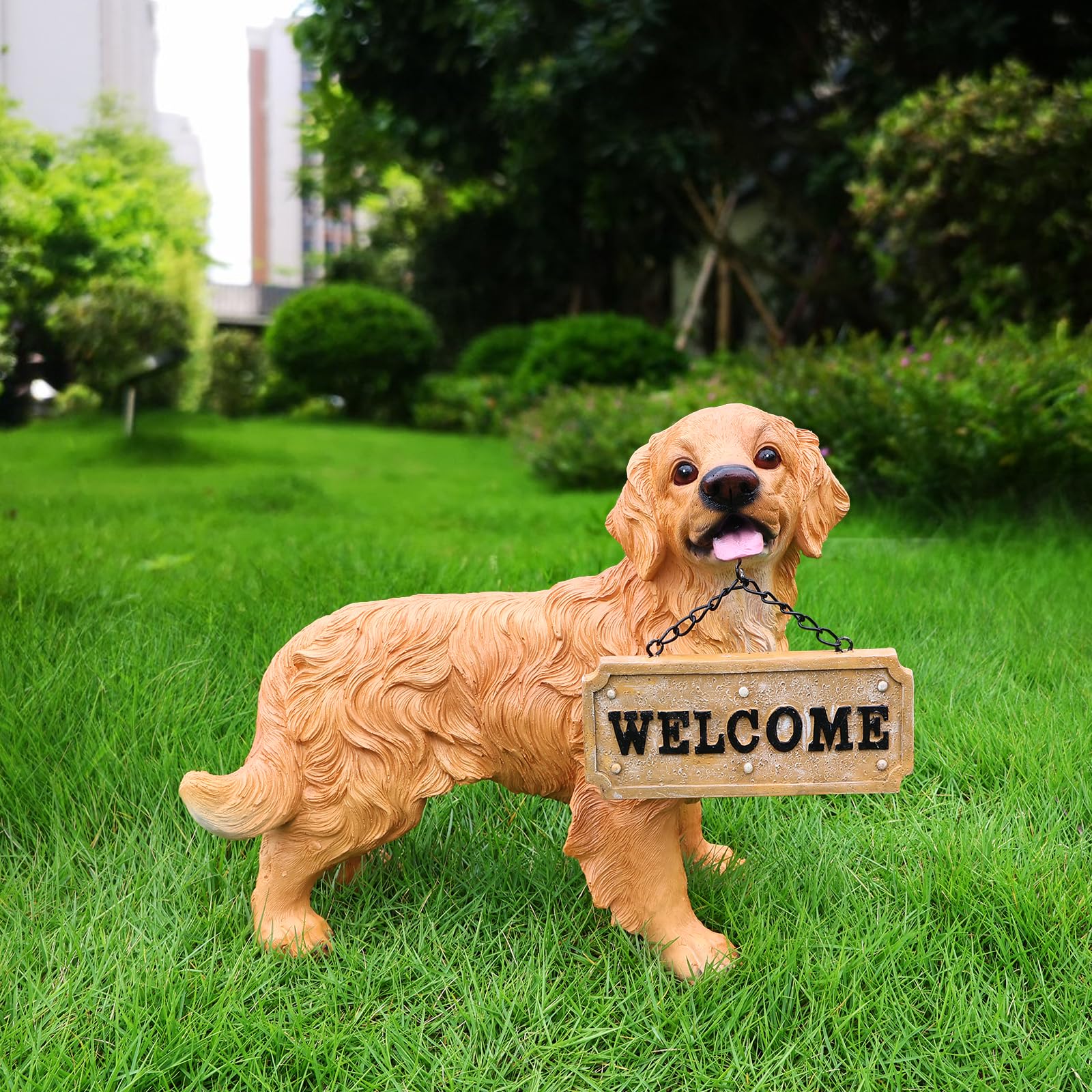 UNOIRNM Golden Retriever Statue Outdoor Decorations – Outdoor Dog Statue Standing Golden Retriever with Removable Solar Light & Welcome Sign for Patio Décor