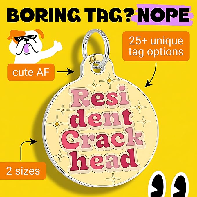 Bad Tags Personalized Dog and Cat ID Tags in 25+ Designs and 2 Sizes - 5 Lines of Custom Engraved Text - Funny Cute Personalized Pet Tags (Resident Crackhead - Yellow, Small (1 inch))