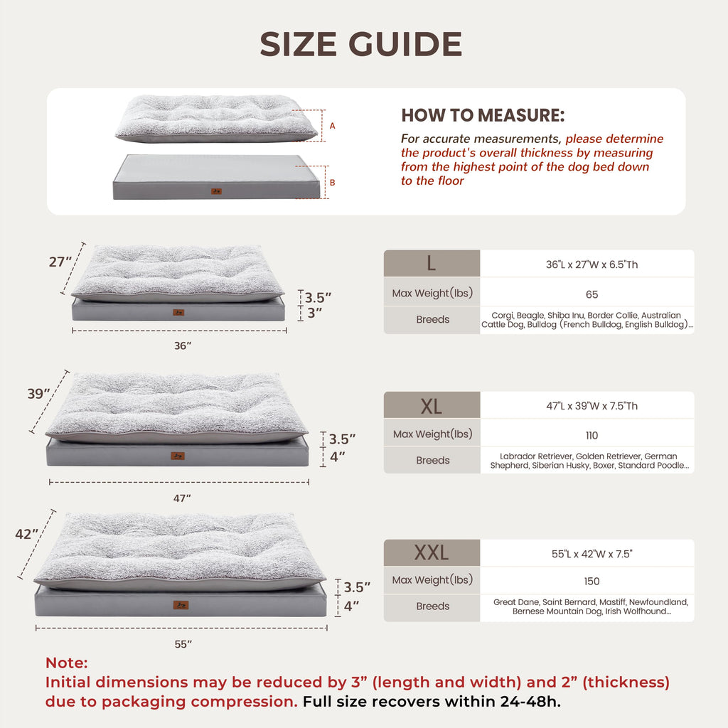 Warmrest 2-Pack Dog Bed Medium Size Dogs, Waterproof Orthopedic Dog Mattress for Large Dogs, Washable Dog Crate Bed with Removable Cover, Light Grey, 55"
