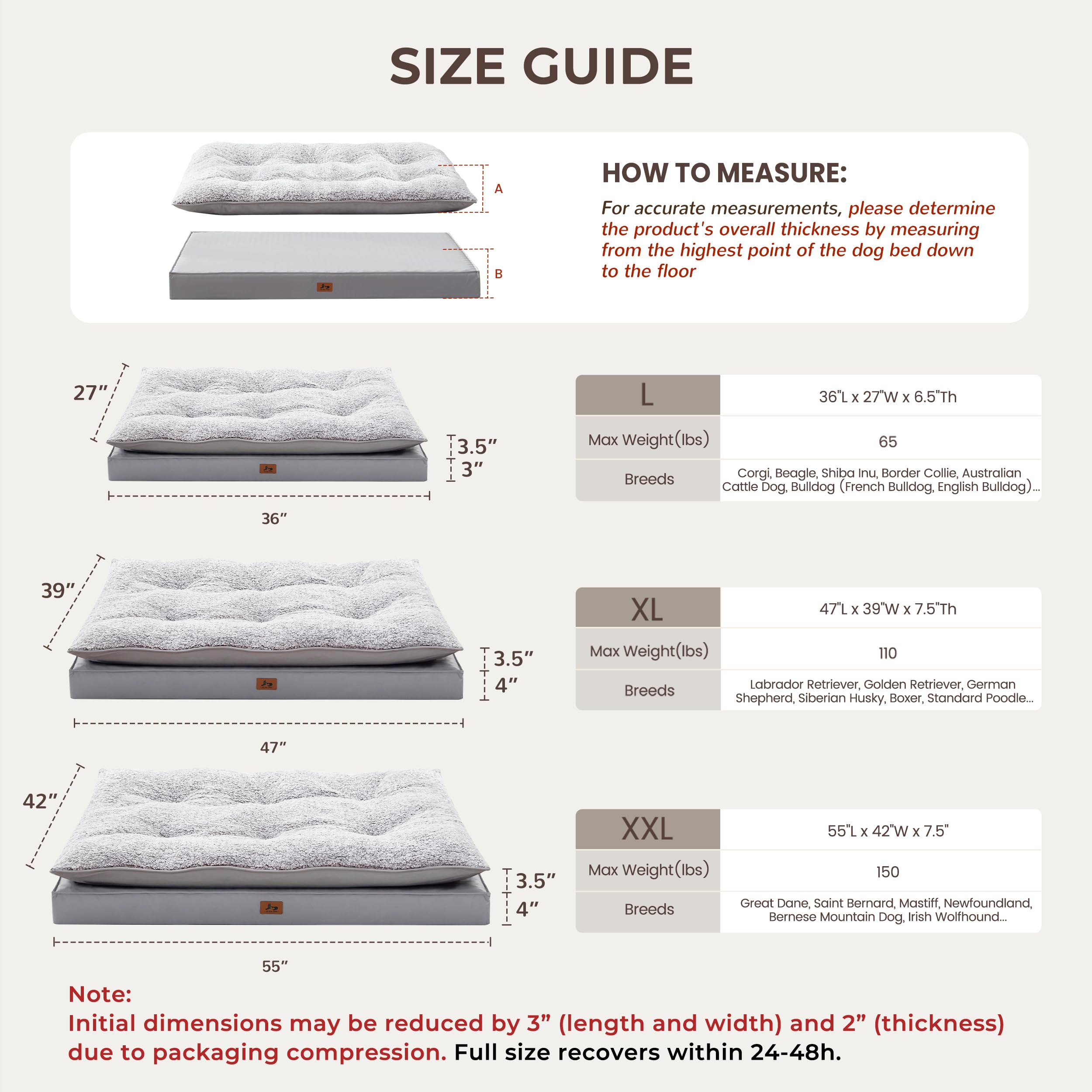Warmrest 2-Pack Dog Bed Medium Size Dogs, Waterproof Orthopedic Dog Mattress for Large Dogs, Washable Dog Crate Bed with Removable Cover, Light Grey, 55"