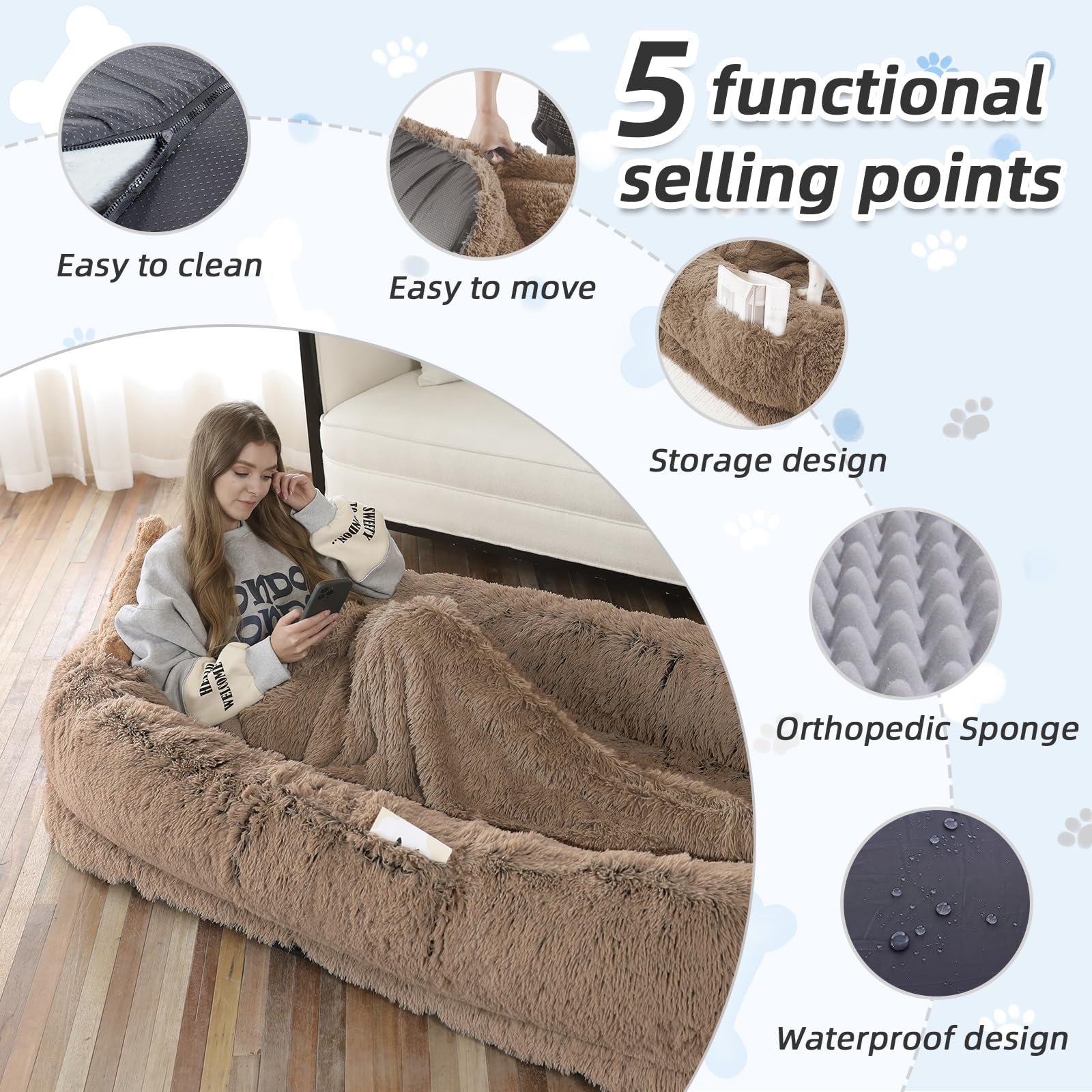 WROS Human Dog Bed, Large Dog Beds for Humans Size Fits You and Pets, Washable Faux Fur Orthopedic Human Pet Bed for People Doze Off, Napping, Present Pillow, Blanket, Strap - Khaki